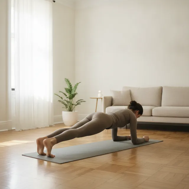 Une personne en position de gainage sur un tapis de sol dans un salon lumineux
