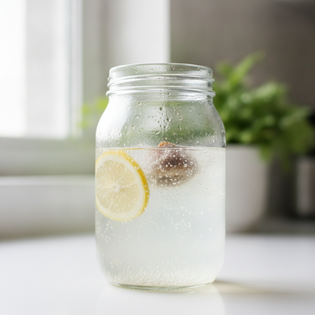 Bocal en verre de kéfir de fruits maison en fermentation, avec une rondelle de citron et une figue séchée qui flotte, dans une cuisine lumineuse