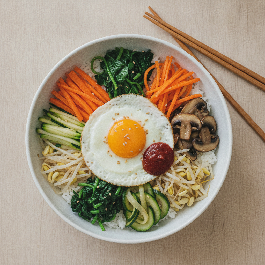 Un bol de bibimbap coréen vu de dessus : riz, tas de carottes, épinards, courgettes, champignons et germes de soja, œuf au plat coulant et sauce gochujang rouge au centre