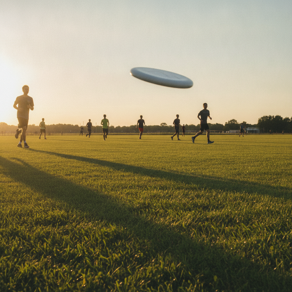 Joueurs d'ultimate frisbee sur un terrain en herbe au coucher du soleil, disque en plein vol