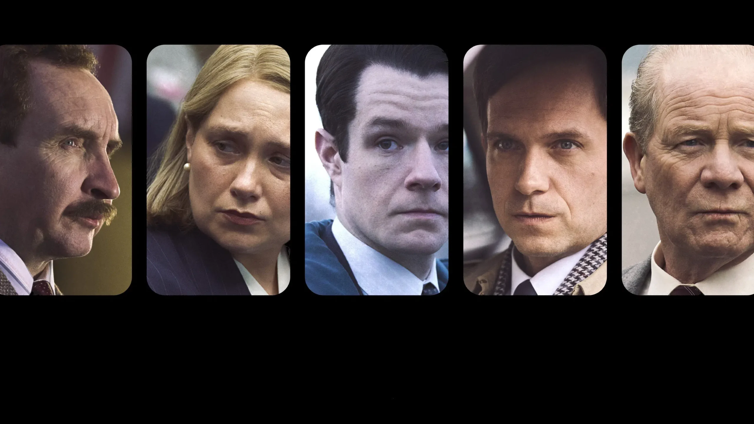Portraits des cinq acteurs principaux de la mini-série The Bombing of Pan Am 103 sur fond noir