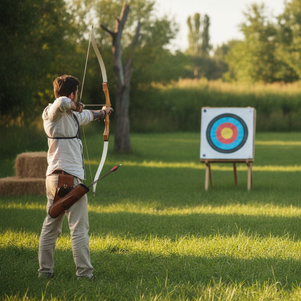 Un archer de dos tend un arc classique vers une cible coloree sur un pas de tir exterieur