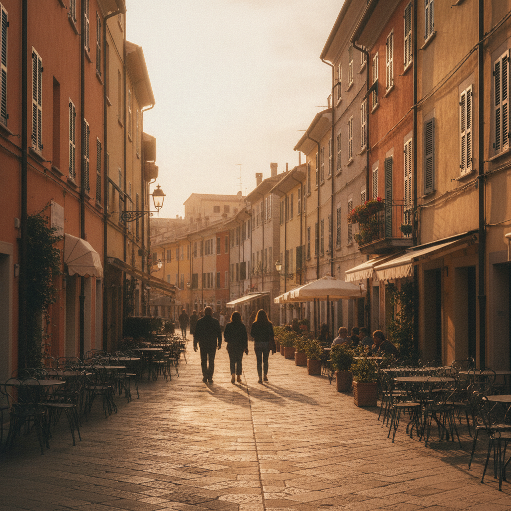 Rue pietonne d'une petite ville italienne au coucher du soleil, des passants se promenent tranquillement entre les terrasses