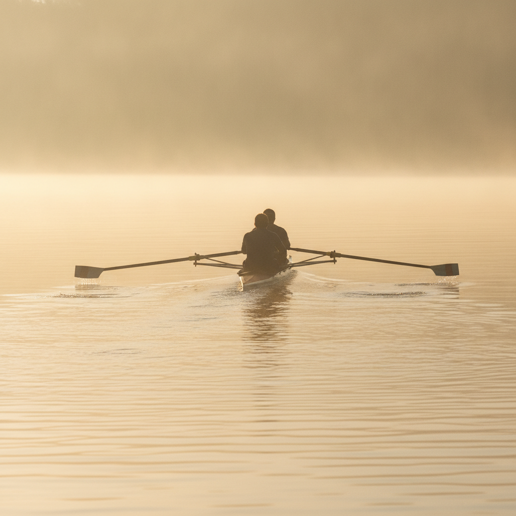 Un aviron de couple glisse sur un plan d'eau calme dans la brume dorée du petit matin