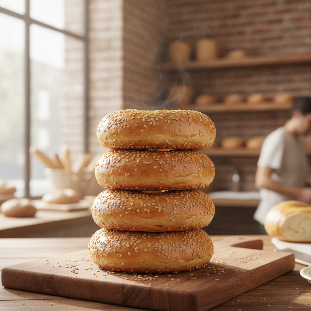 Pile de bagels dores aux graines de sesame sur une planche en bois dans une boulangerie