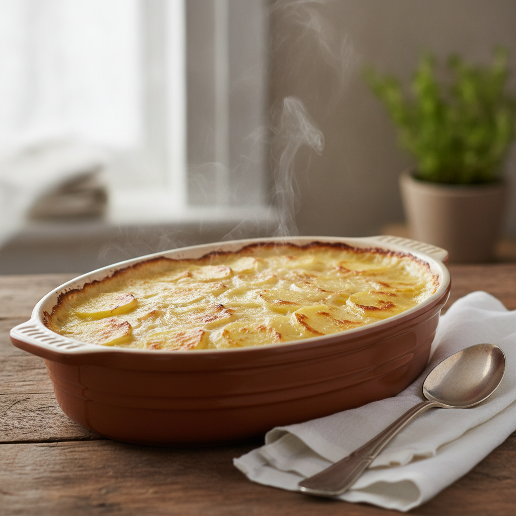 Un gratin dauphinois doré et fumant dans un plat en céramique sur une table en bois