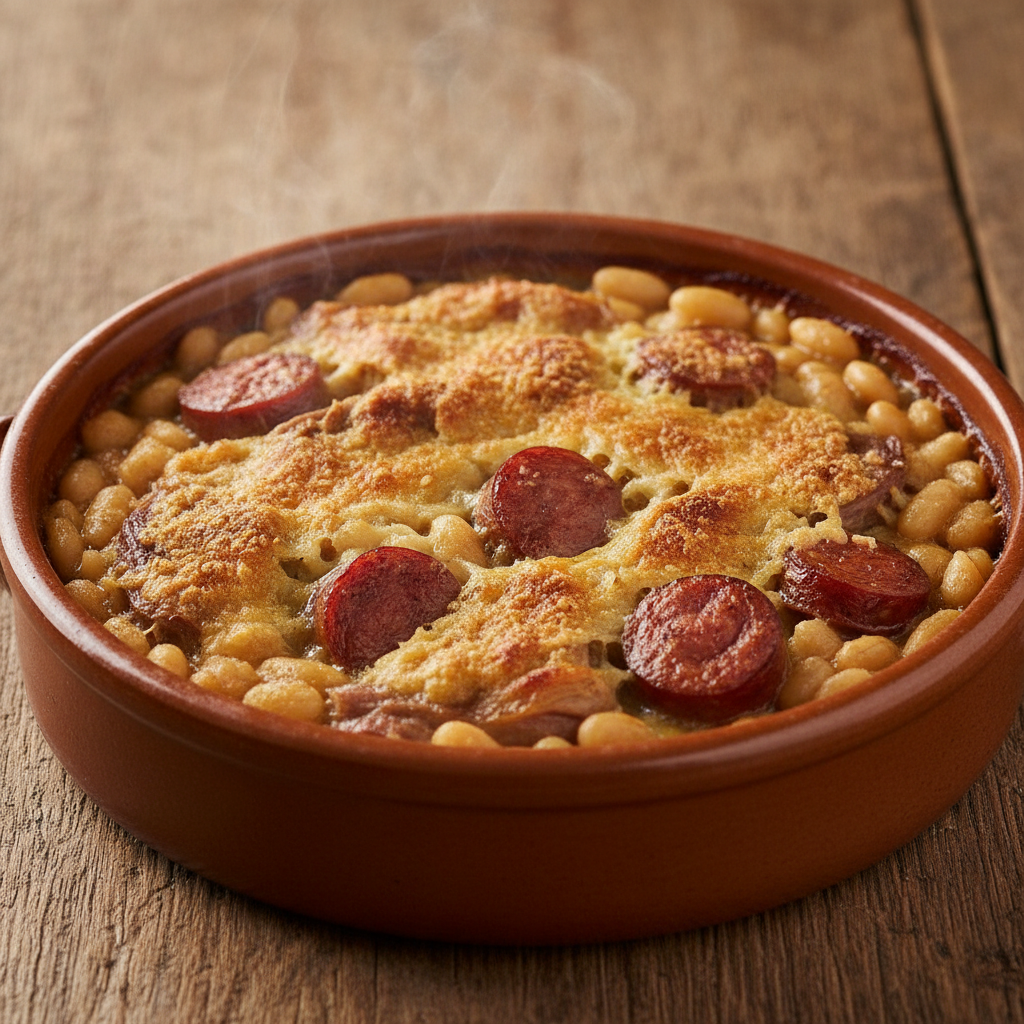 Un cassoulet traditionnel du Sud-Ouest dans sa cassole en terre cuite, haricots blancs, saucisse et croûte dorée