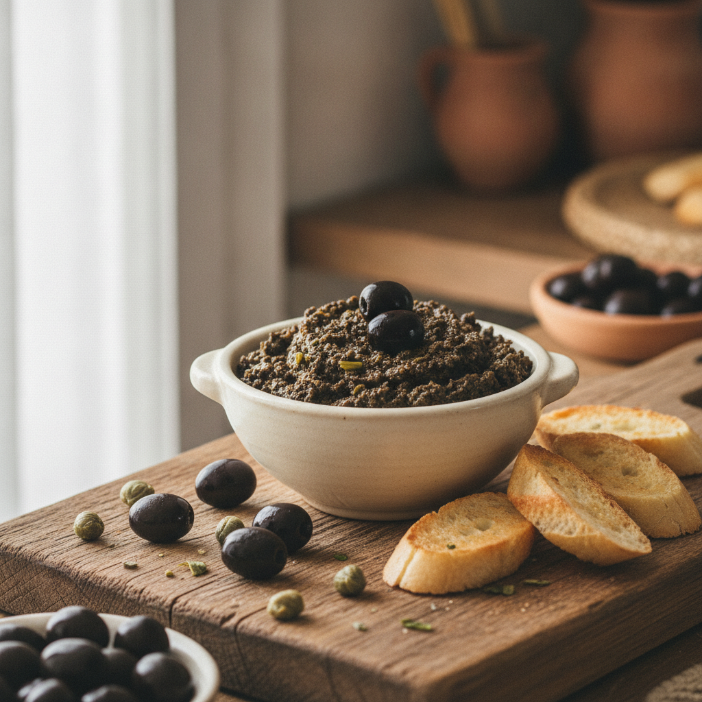 Bol de tapenade noire d'olives à la texture granuleuse, avec olives, câpres et pain grillé sur une planche en bois
