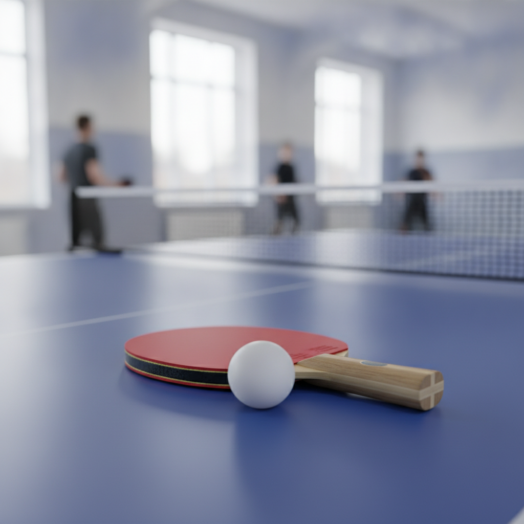 Raquette de tennis de table rouge et balle blanche posees sur une table de ping-pong bleue avec un filet