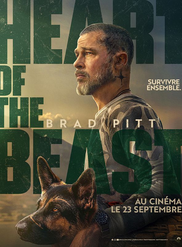 Affiche officielle du film Heart of the Beast : Brad Pitt de profil et un berger allemand, mention au cinéma le 23 septembre
