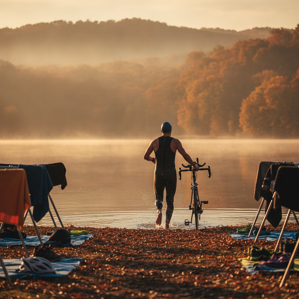 Triathlete en combinaison sortant d'un lac et courant vers sa zone de transition avec un velo, matin d'automne