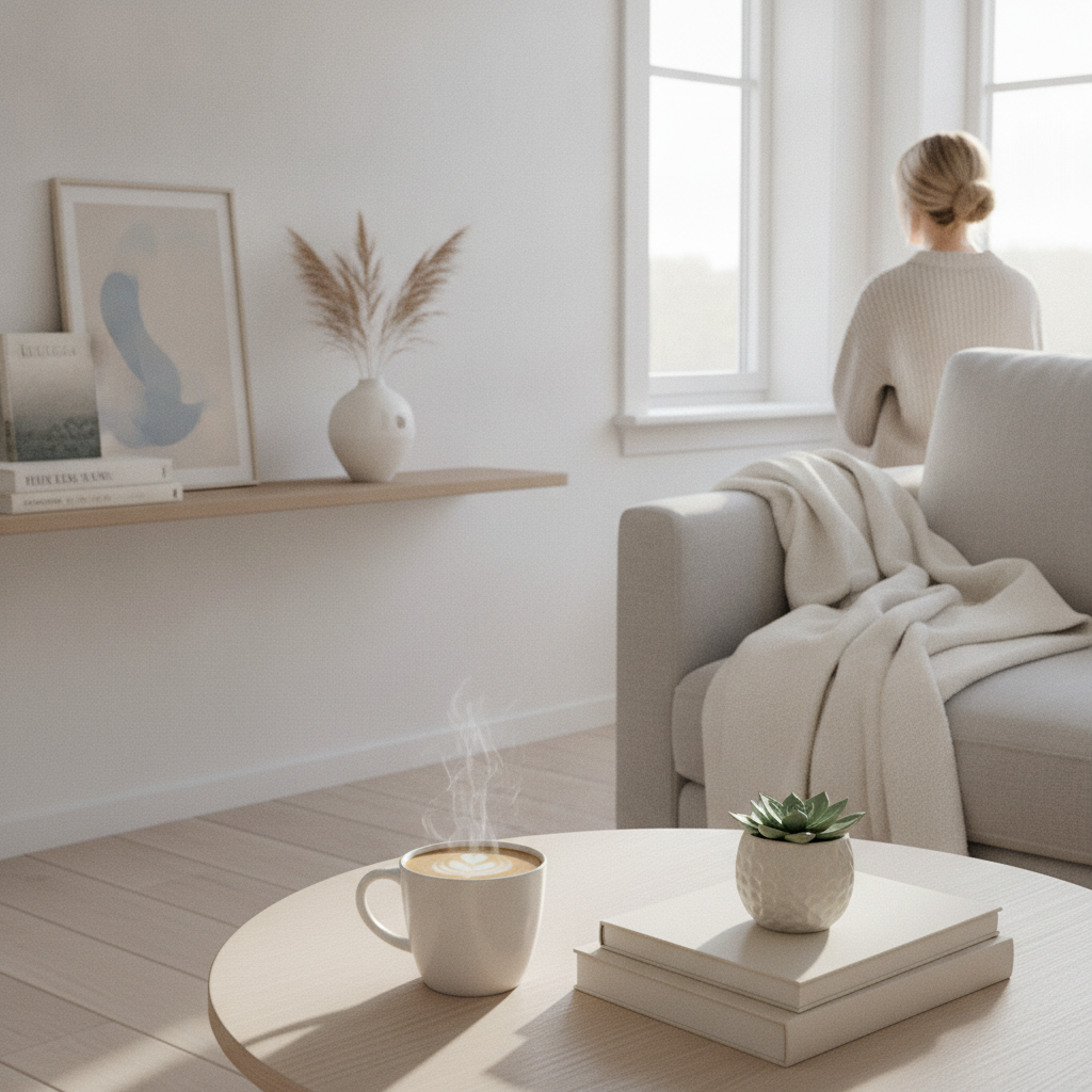 Intérieur scandinave épuré et lumineux avec une tasse de café et des livres, ambiance calme évoquant le lagom